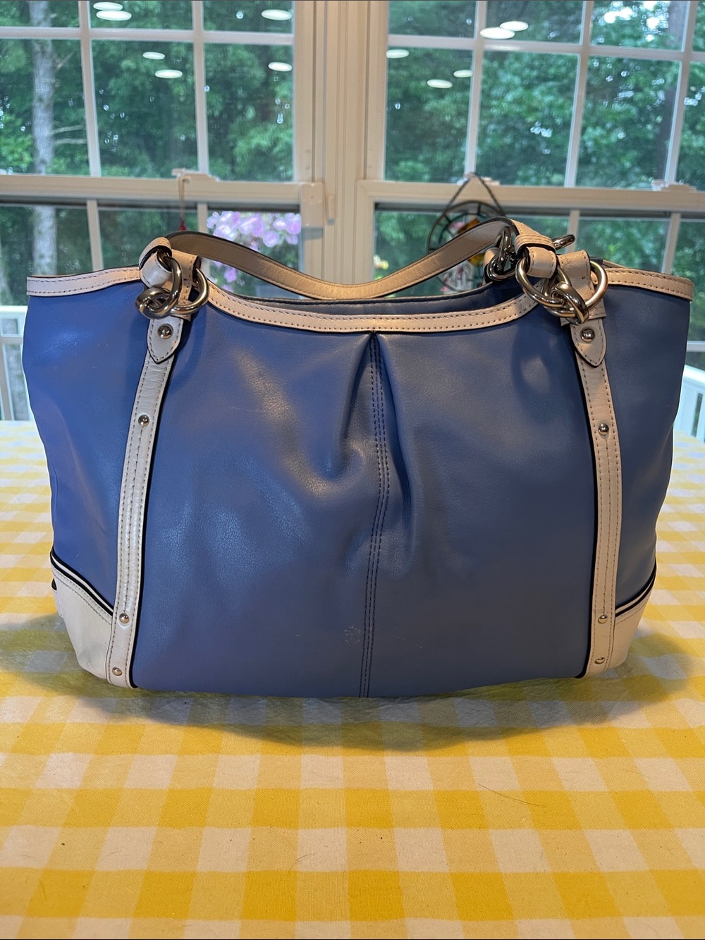 Vintage Coach Blue and Cream Leather Shoulder Alexandria Tote
